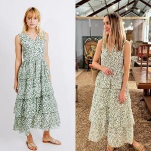 Mirth Copacabana Midi Maxi Sleeveless Cotton Silk Dress Ivory Coral Green XS